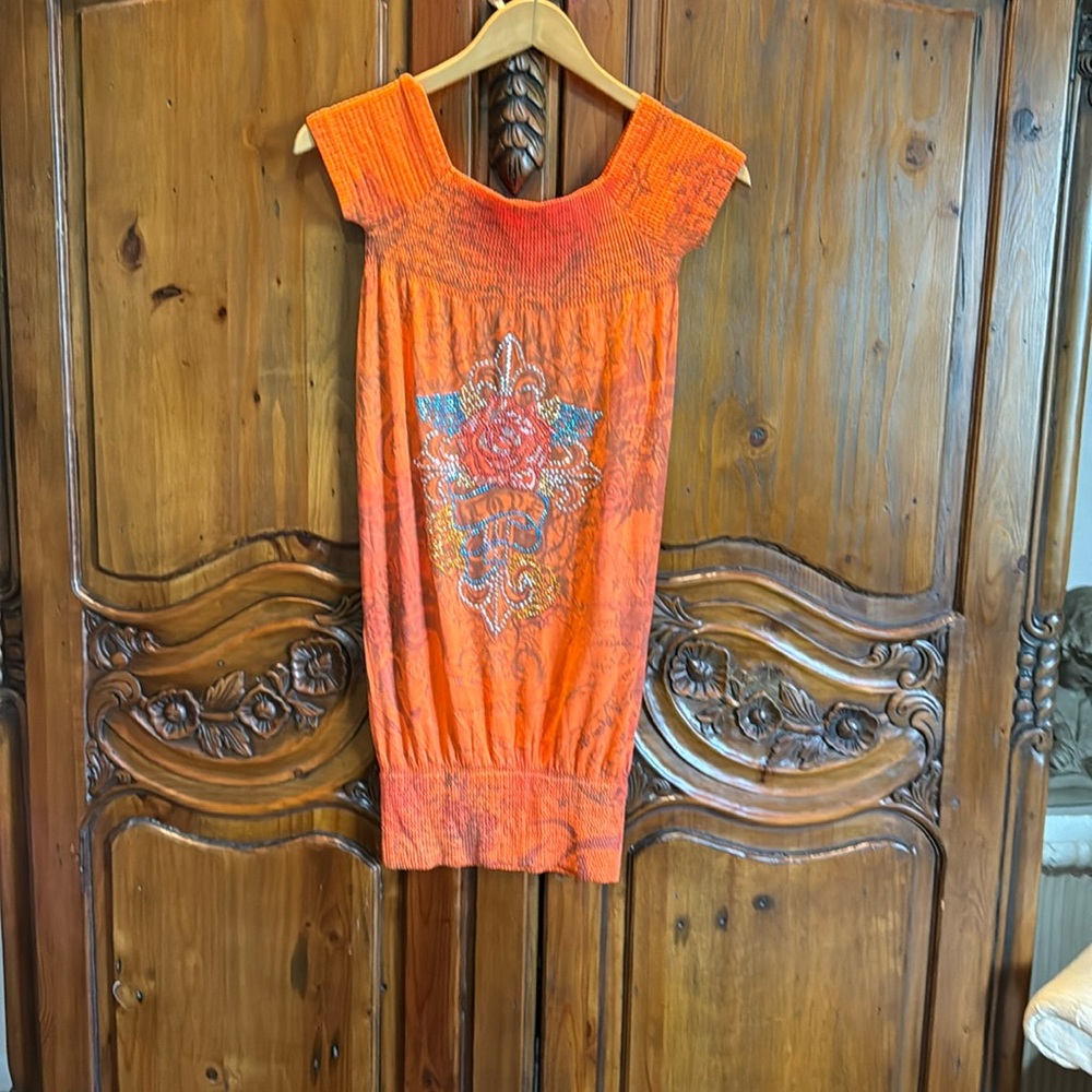 Orange sequin and blue and gold mini dress